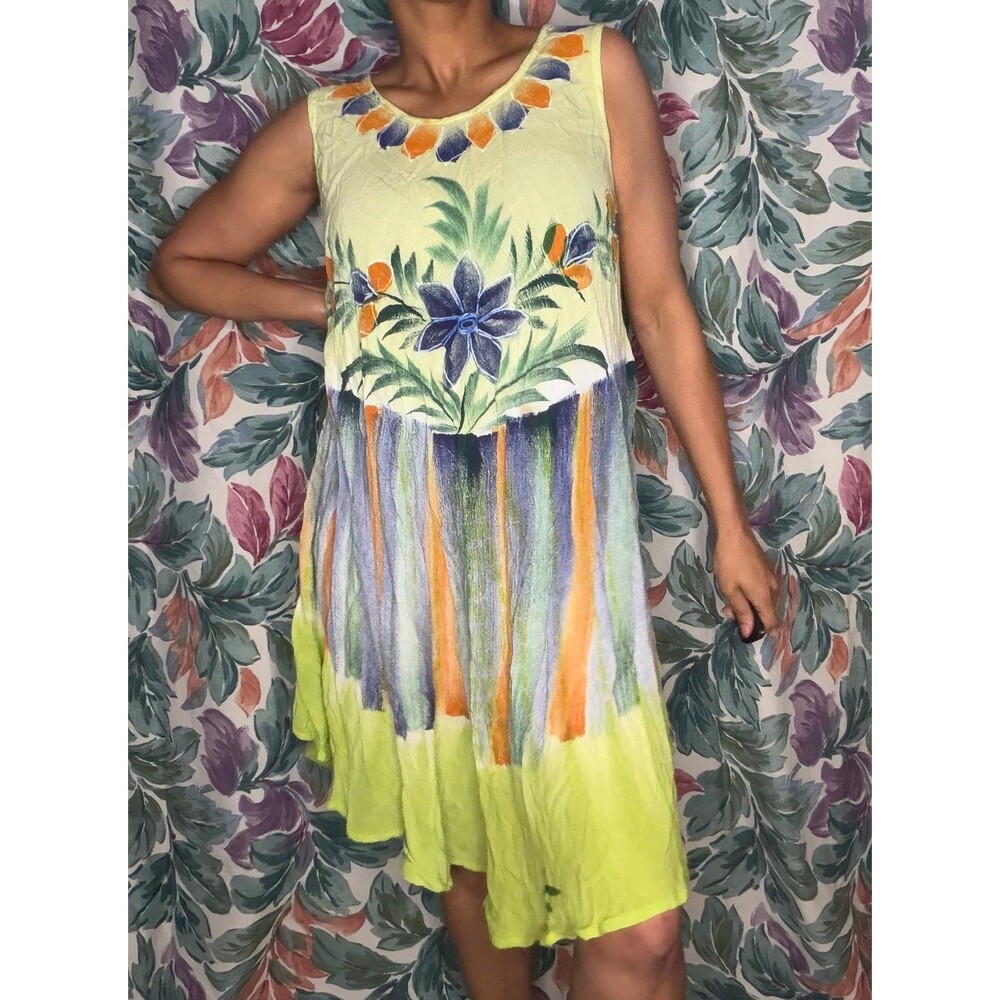 Lime Green Vintage Rima Floral and Striped Bathing Suit Cover Up